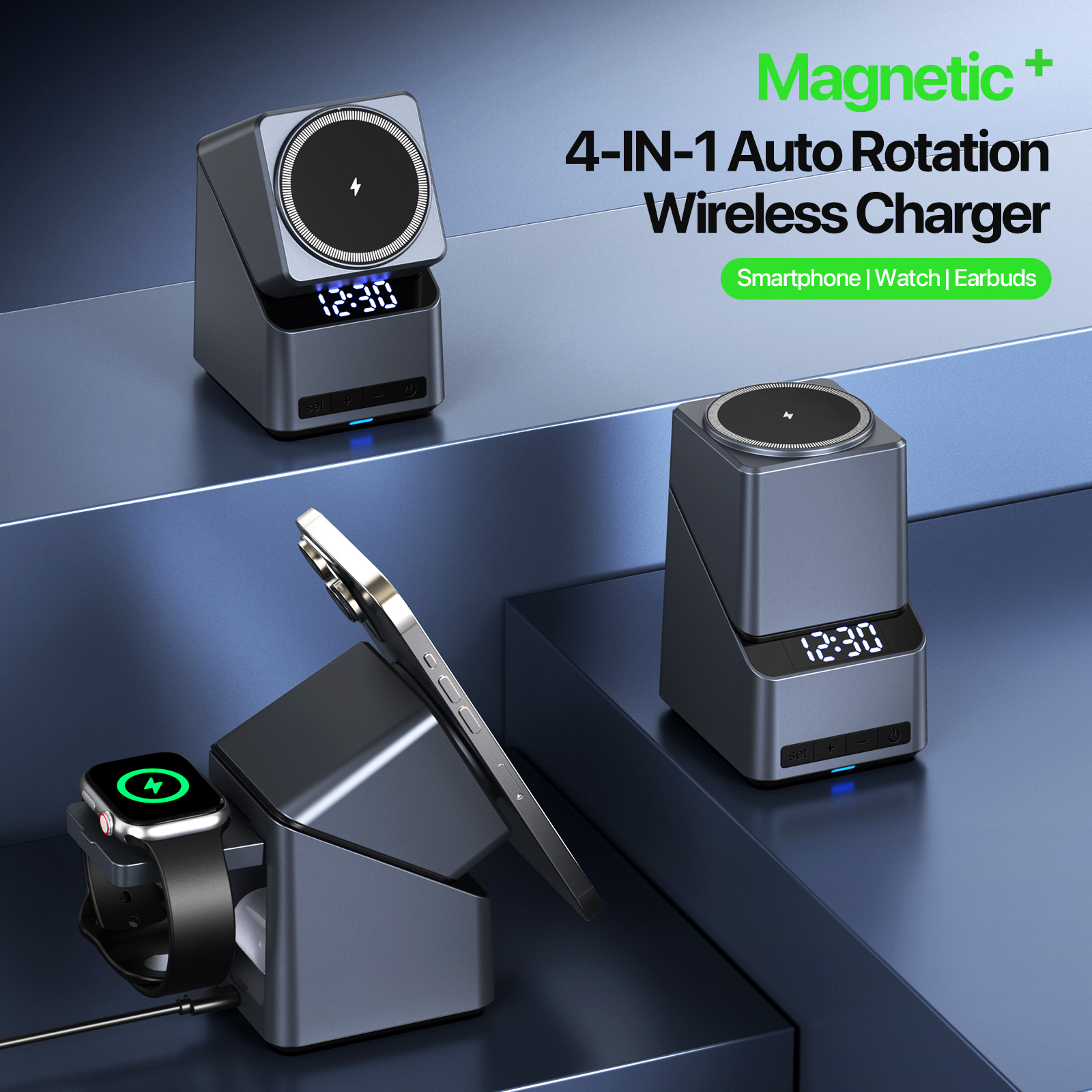 Magnetic 4 in 1 Auto Rotation  – Wireless Charger Watch Bewertung und Preis